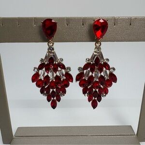 Long Red And Clear Crystal Rhinestone Chandelier Earrings